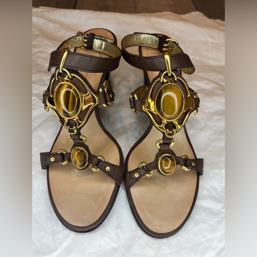 Giuseppe Zanotti Gladiator Heels with Tiger's Eye and Gold Metal Embellishment.
